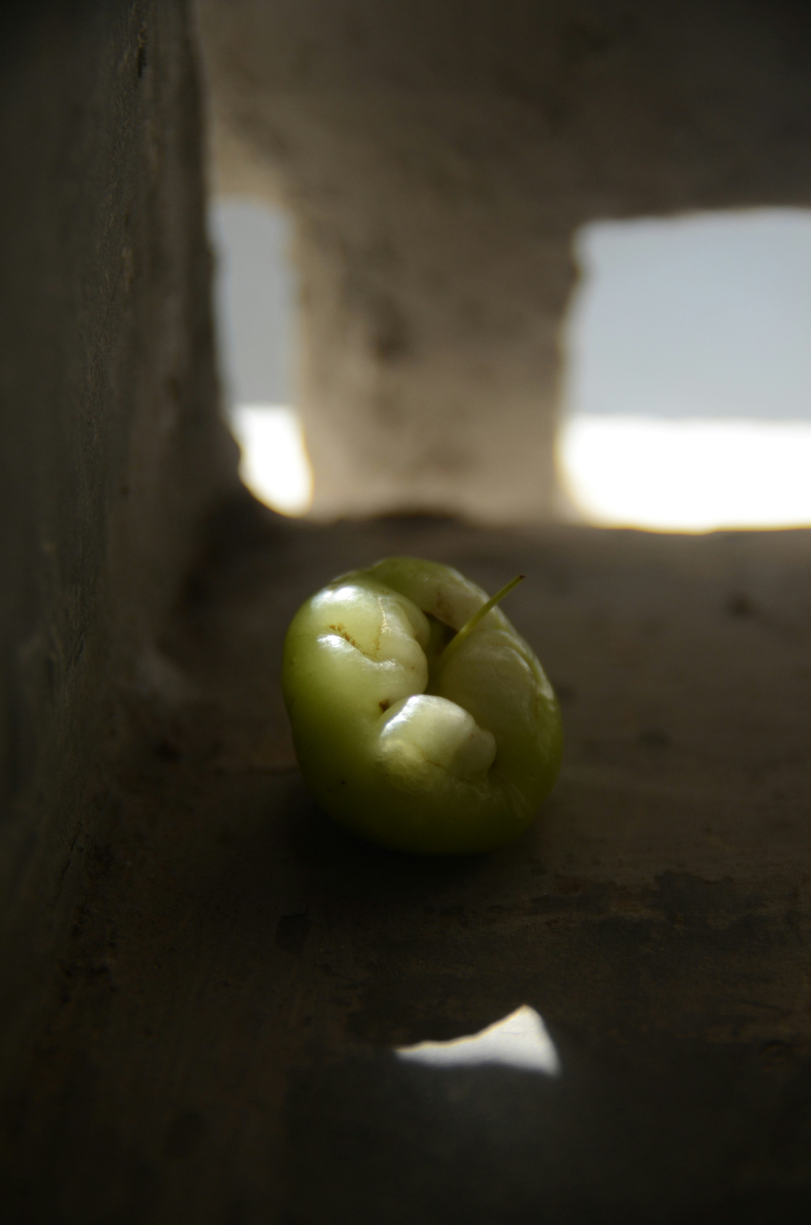 uma maçã verde sentada em cima de um piso de cimento