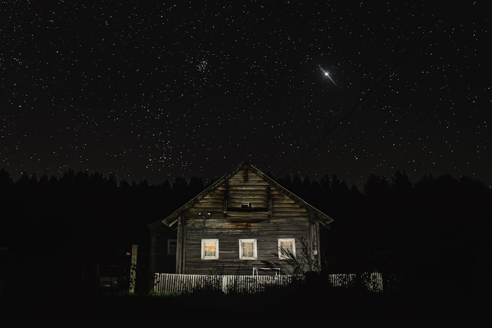 a cabin at night with the stars in the sky