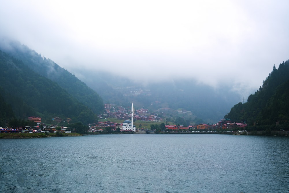 a body of water surrounded by mountains and houses