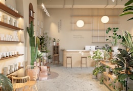 A well-lit, minimalist interior space with natural elements, featuring a variety of green plants and wooden furniture. There are shelves with white ceramic pots on the left, a large cactus, and additional plants scattered throughout. In the back, a wooden counter with stools sits beneath two spherical lamps. The walls are decorated with calming quotes and images, creating a serene and inviting atmosphere.