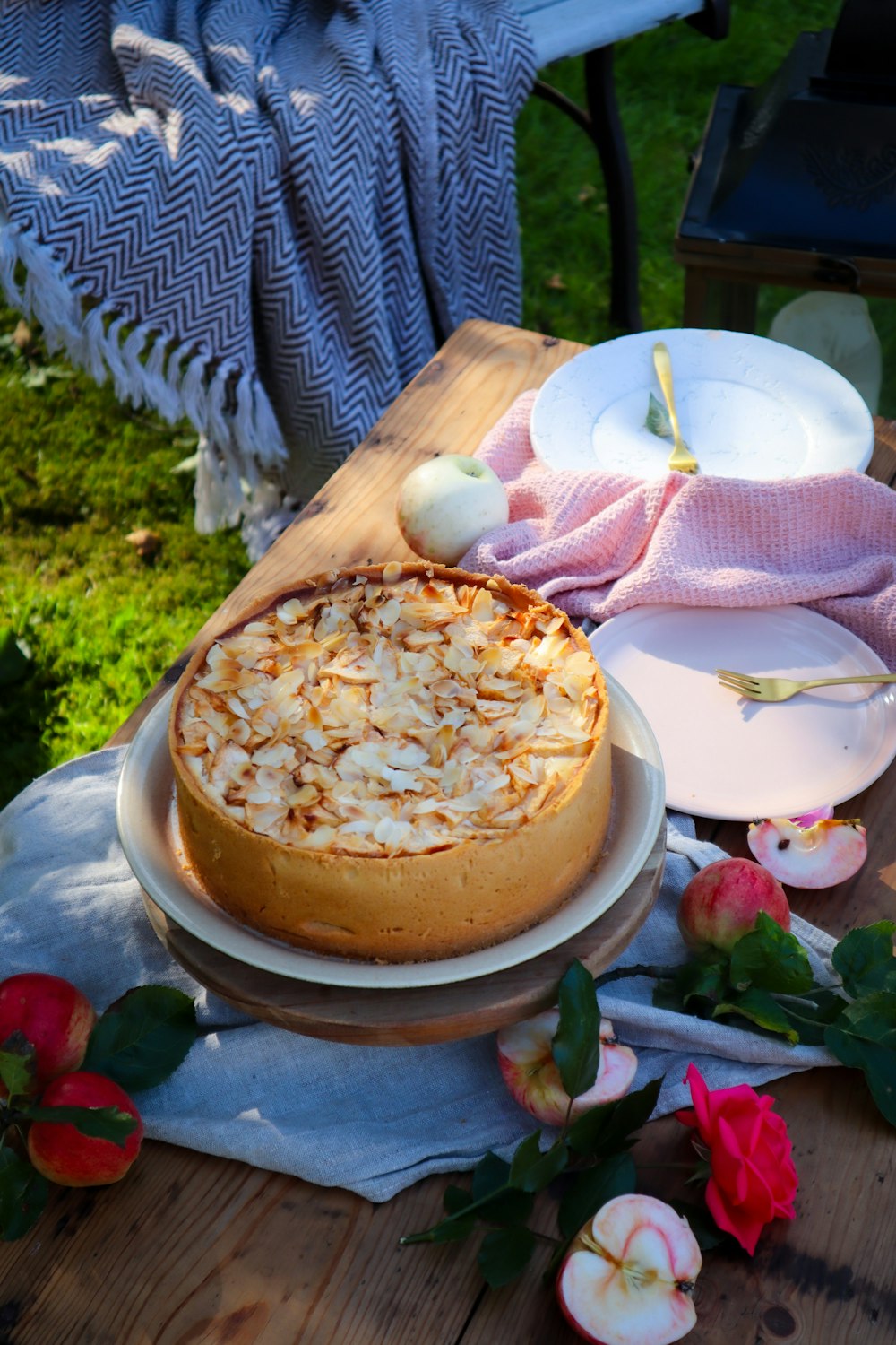 a table topped with a cake covered in toppings