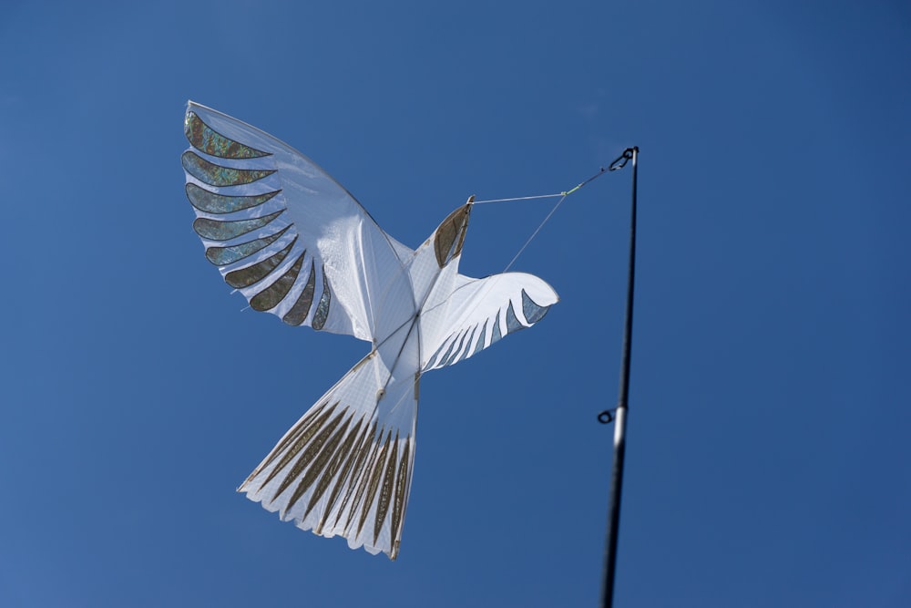 a white bird flying next to a flag pole