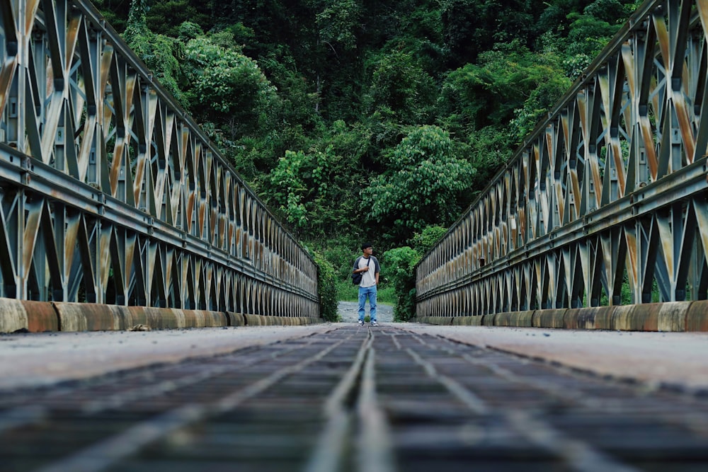 a person standing on a bridge with trees in the background