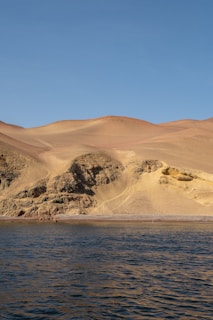 A desert landscape featuring dunes and an oasis.
