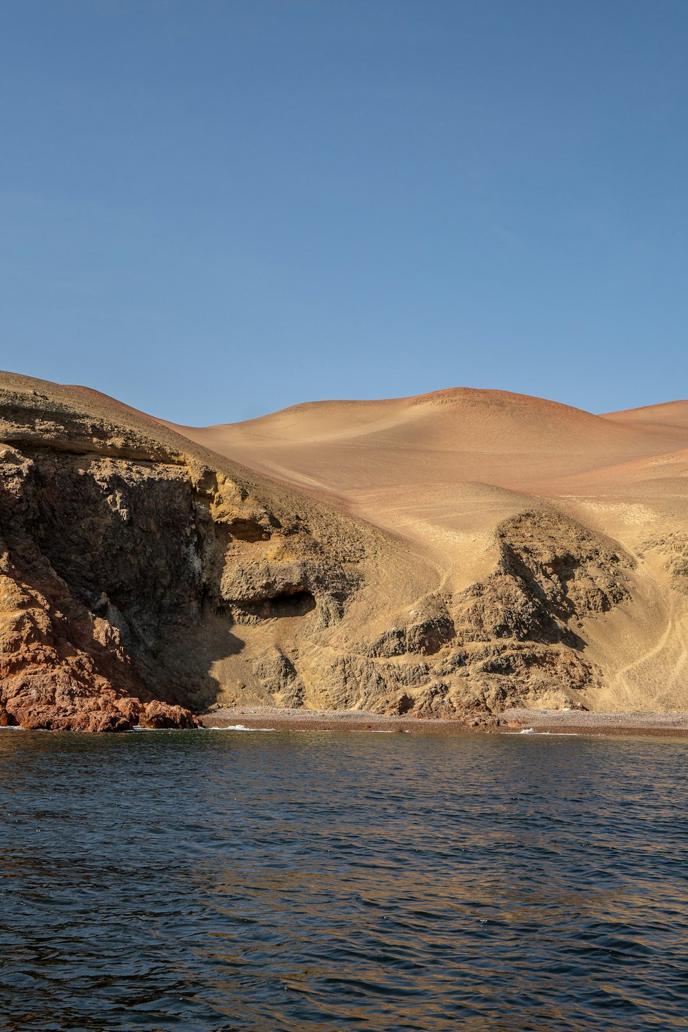 a body of water surrounded by mountains and sand