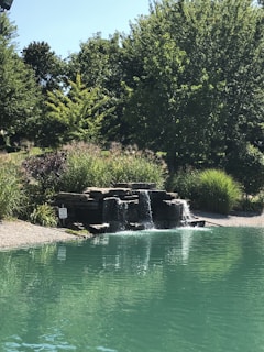 A dramatic waterfall cascading over natural rock formations into a crystal-clear pond surrounded by ornamental plants.