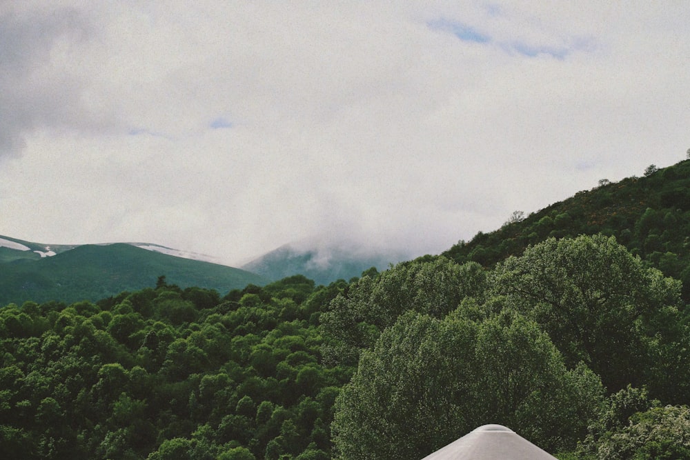 a tent in the middle of a forest with mountains in the background