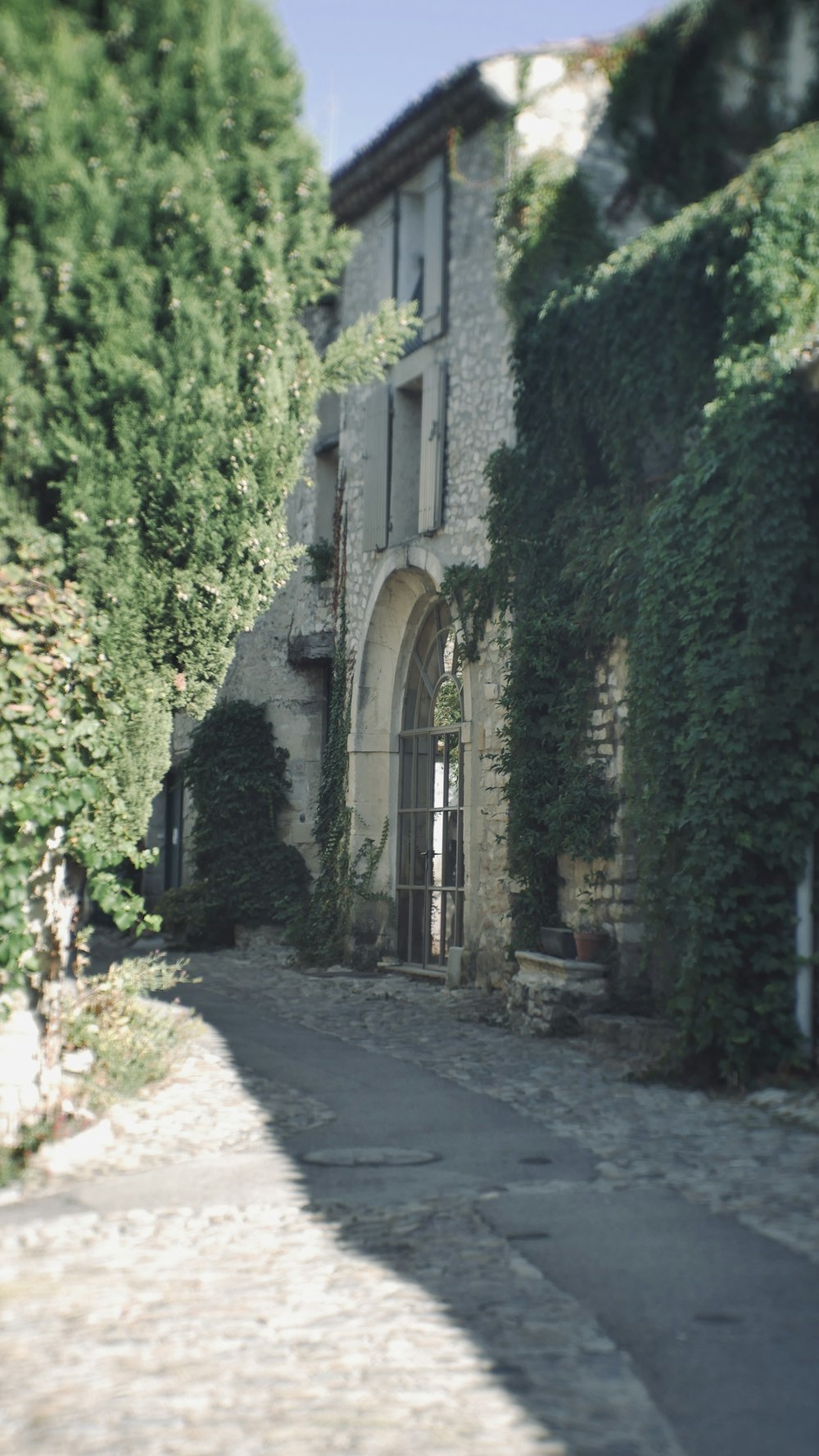 a stone building with ivy growing on the side of it