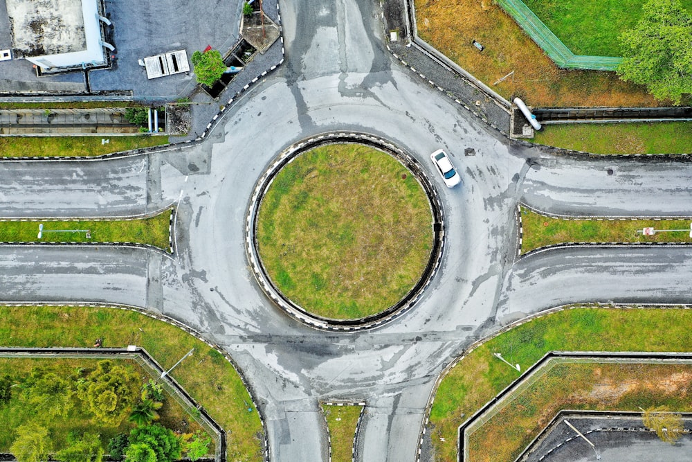an aerial view of a roundabout in a city