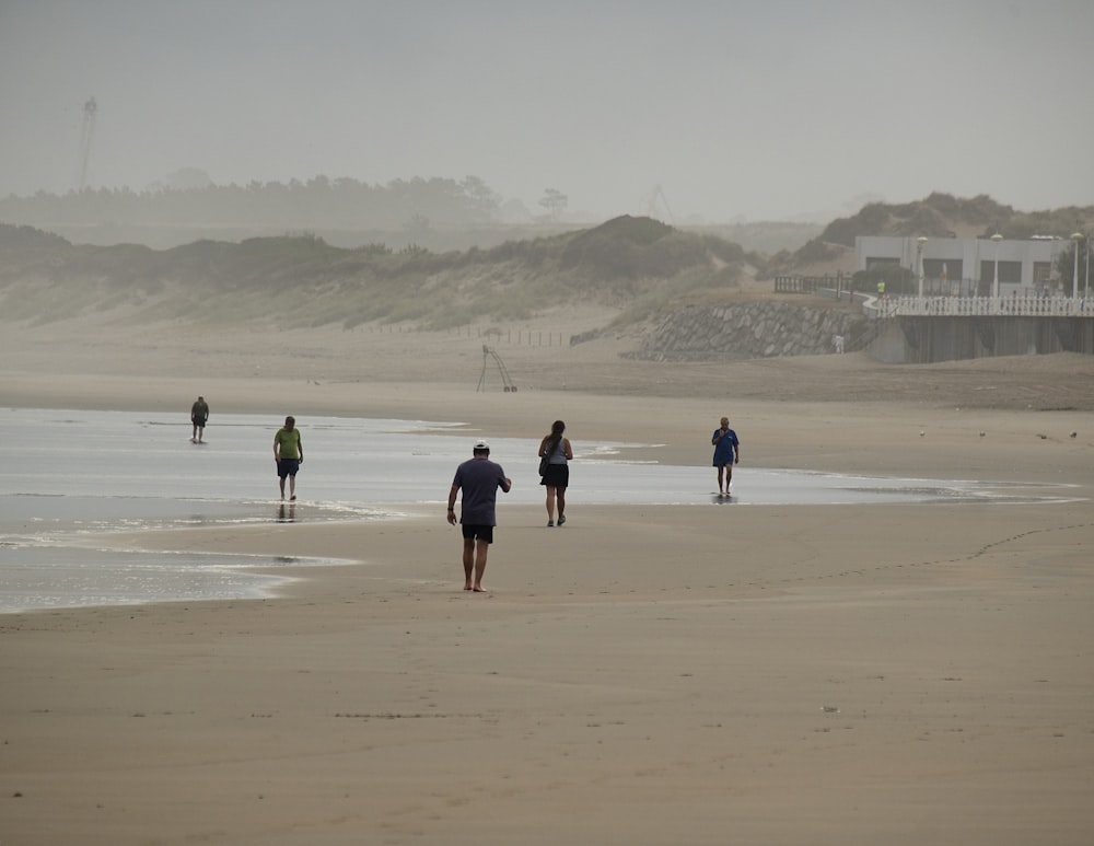 a group of people walking along a sandy beach