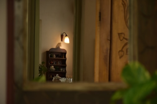 A cozy living room corner with warm fairy lights and rustic wooden shelves adorned with small plants and vintage trinkets.