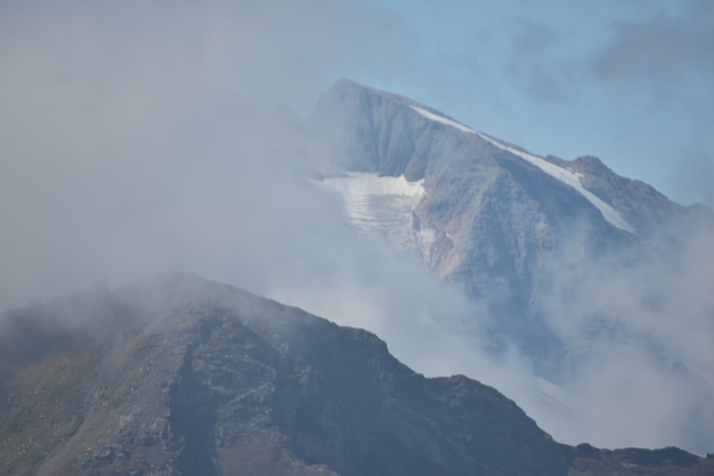 a mountain covered in snow and clouds on a cloudy day