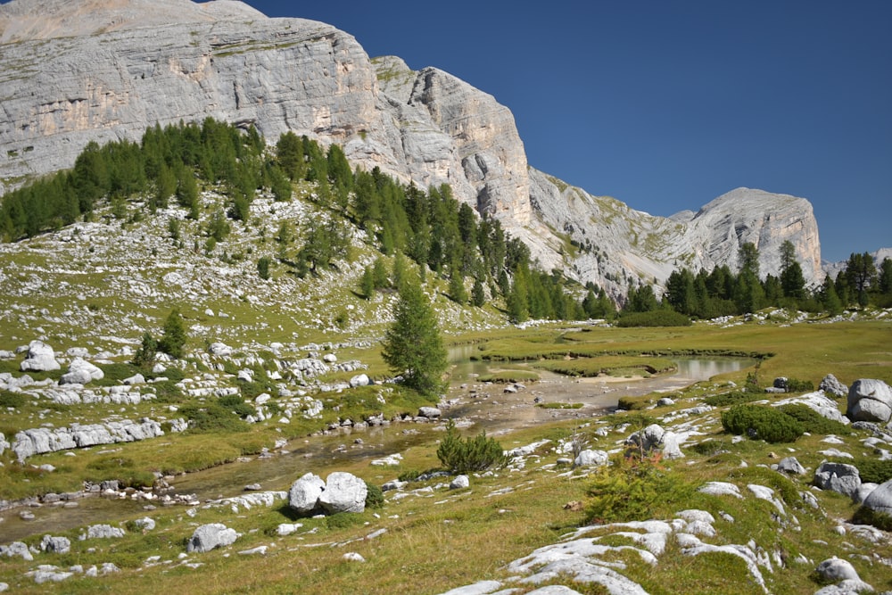 a rocky mountain landscape with a small lake in the foreground