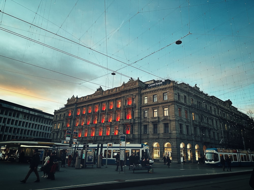 a large building with a red light on it's side