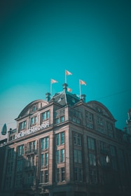 A large, historic building with intricate architectural details, featuring a sign that reads DE BIJENKORF. The structure has a sloped roof adorned with small spires and several flags waving at the top. The sky is clear with a teal hue, and the building is partially shadowed, likely due to the time of day.