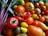 A variety of fresh vegetables, including different types of tomatoes, red chili peppers, and bell peppers. The fruits and vegetables are displayed with vibrant colors and appear ripe and fresh. Green leaves can be seen in the background, adding to the lush appearance.