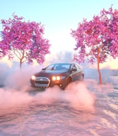 The fanty car cruising a mosaic-tiled futuristic landscape bathed in iridescent whites.