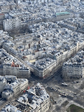 Aerial view of a densely populated urban area featuring a grid-like pattern of buildings. The architecture is characterized by uniformity in design with grey rooftops and a few streets visible. Sparse trees line the boulevards and there are minimal vehicles and people scattered throughout the scene.