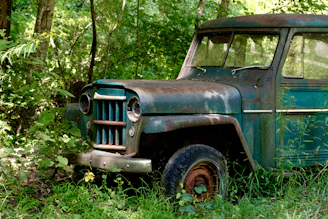 an old green truck sitting in the middle of a forest