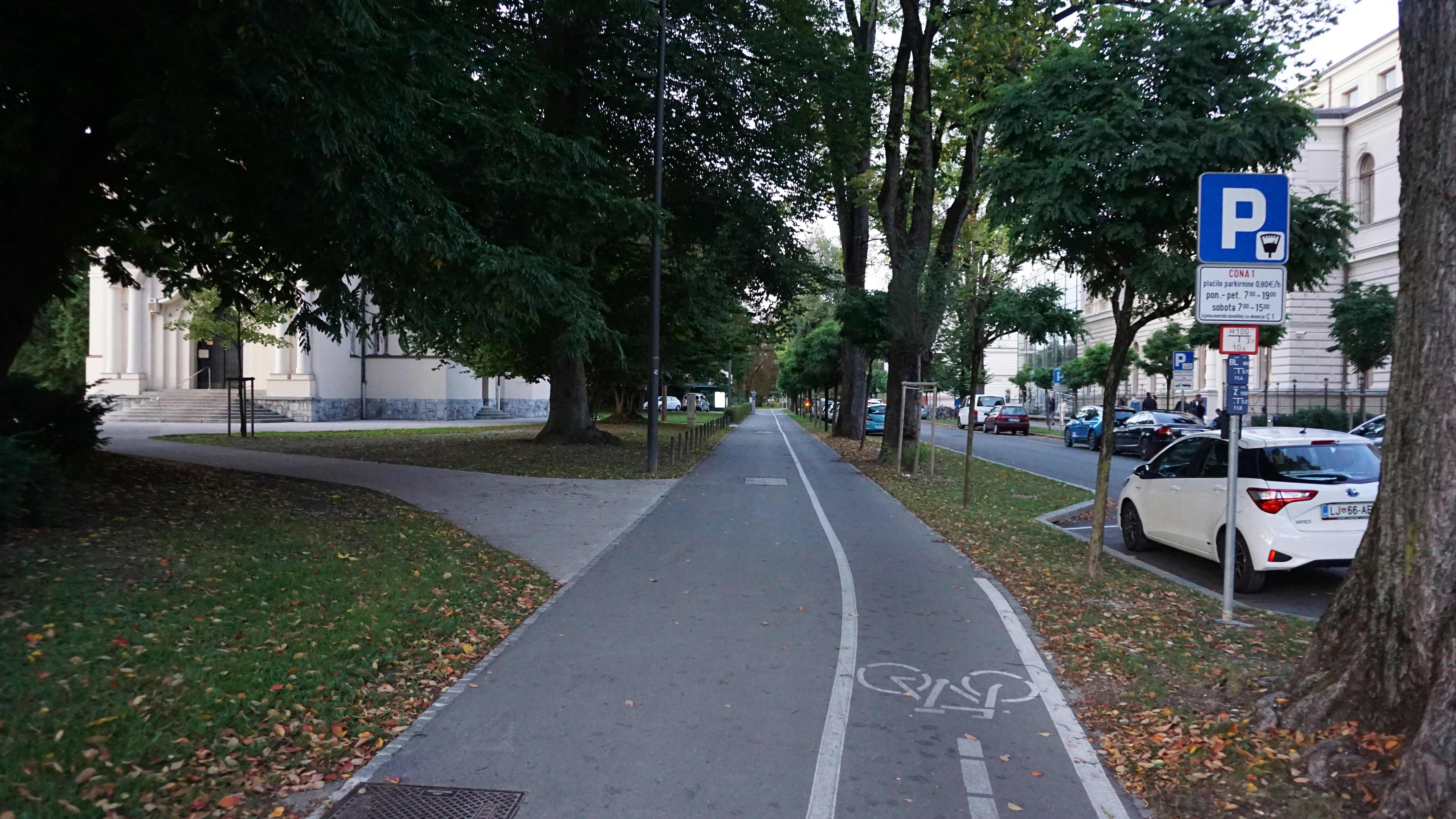 a street with a bike lane and a parking sign