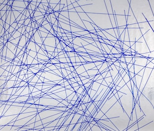 A series of intersecting blue lines in various directions form a chaotic and abstract pattern against a light gray background.