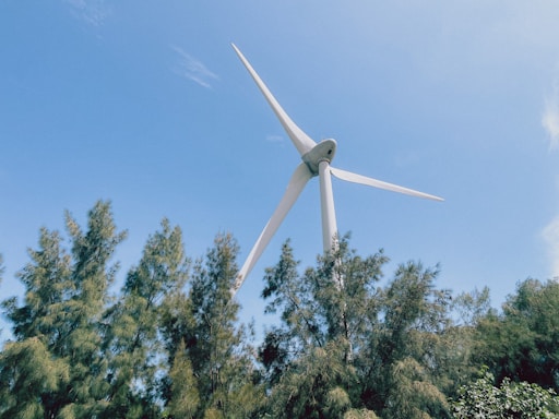 A tall wind turbine stands among lush green trees, set against a backdrop of a clear blue sky. The turbine's blades are angled as they catch the wind.
