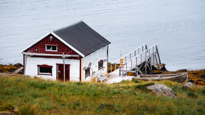 Cozy waterfront cottage nestled among towering pines with a view of calm ocean waters.