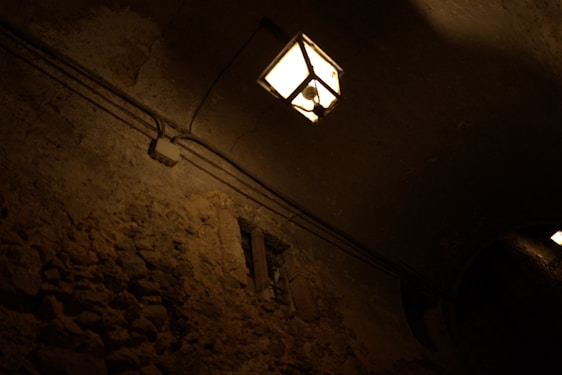 A dimly lit underground tunnel with exposed wiring on the ceiling. The walls appear to be made of rough stone or concrete, showing signs of age and decay. A square, industrial-style light fixture provides a subtle, warm glow, casting shadows on the surrounding surfaces.
