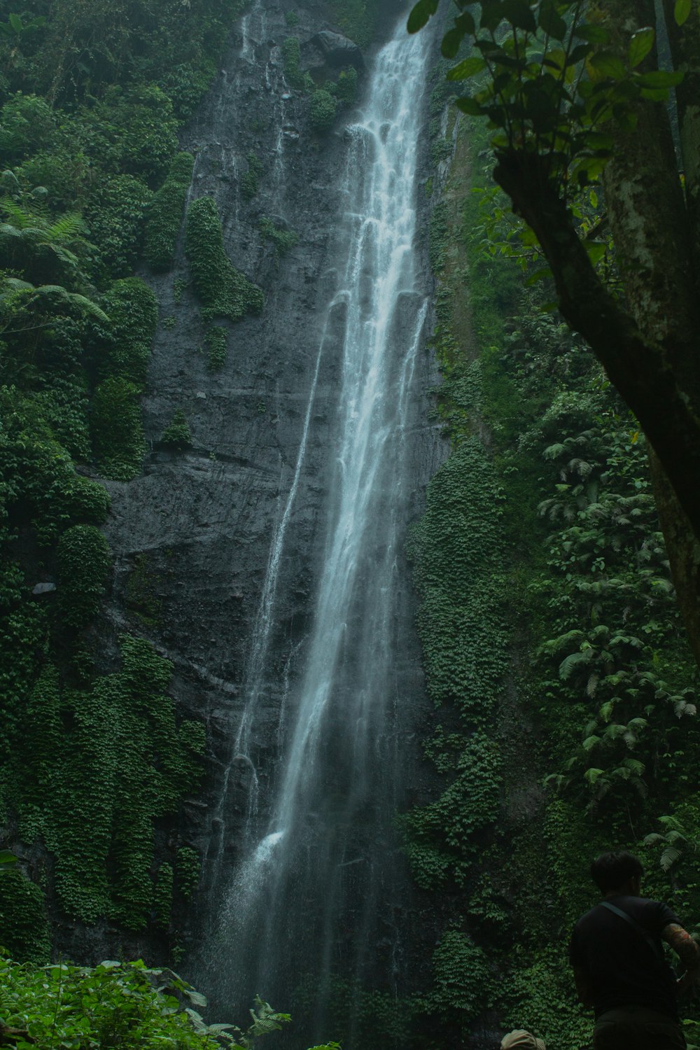 a man standing in front of a tall waterfall