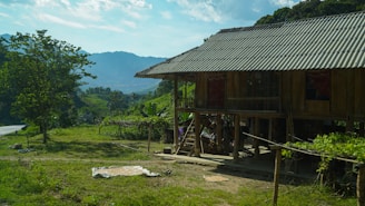 A traditional wooden house raised on stilts in a rural setting, surrounded by lush greenery and mountains. The house features a metal roof and an open area underneath, with some plants and trees nearby. The mountainous background and the clear blue sky contribute to the serene environment.