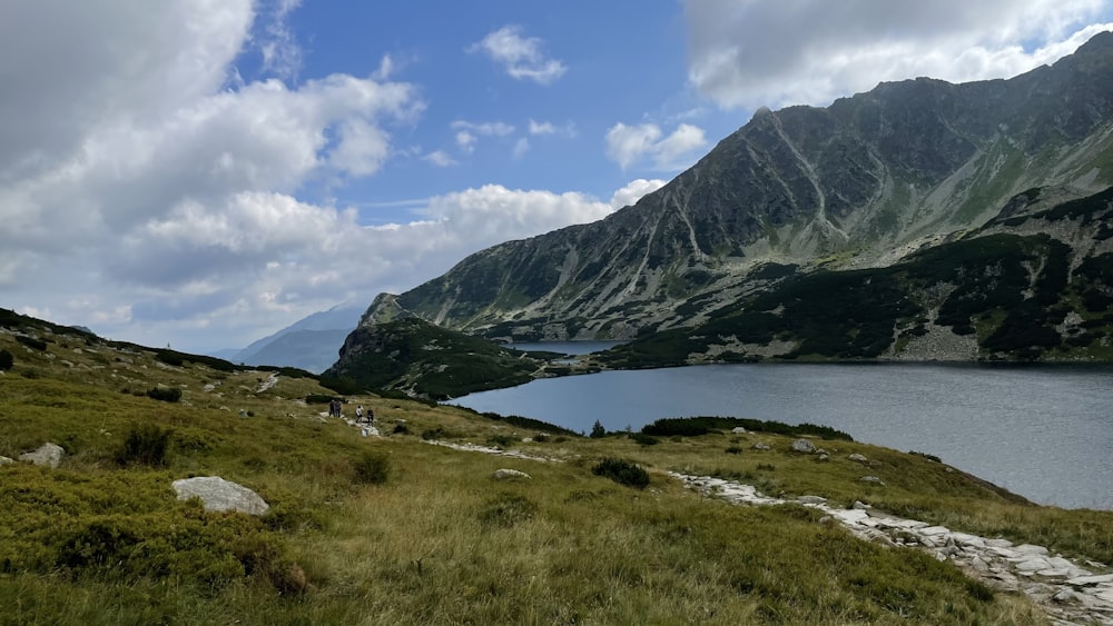 a person hiking up a grassy hill next to a body of water