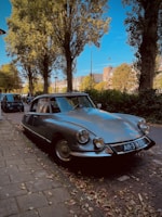 Classic 1950s American car parked in a scenic Loire Valley village street.
