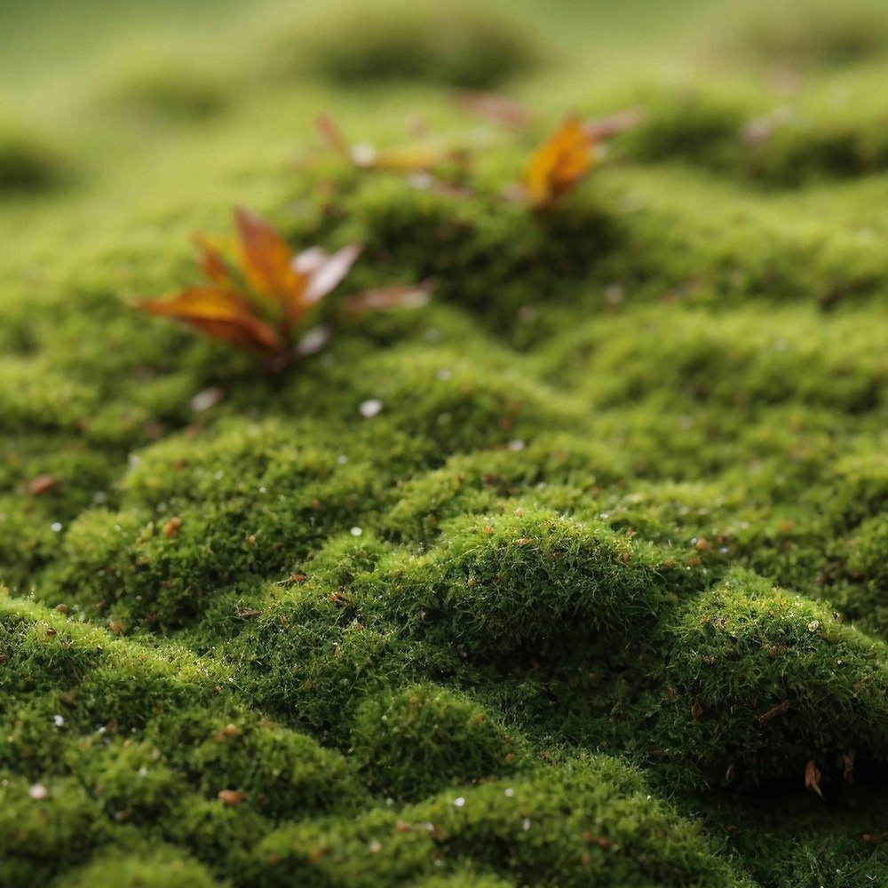 a close up of a mossy surface with small leaves
