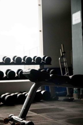 An exercise bench is positioned in the foreground next to a large window, with shelves of dumbbells visible in the background. The room is dimly lit, creating a contrast between the bright window light and the dark interior. A piece of gym equipment is also visible on the right side.