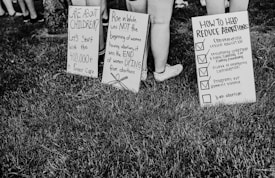 Printed signs on a grassy area with messages regarding foster care and reducing abortions, surrounded by people's legs.