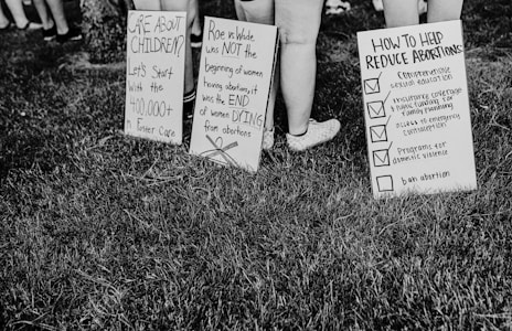 Printed signs on a grassy area with messages regarding foster care and reducing abortions, surrounded by people's legs.