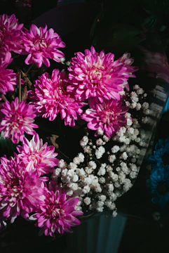 a bunch of pink and white flowers in a vase