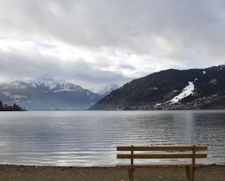 a wooden bench sitting on the shore of a lake