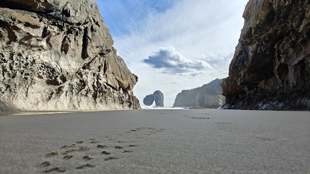 a view of a beach with a rock formation in the background