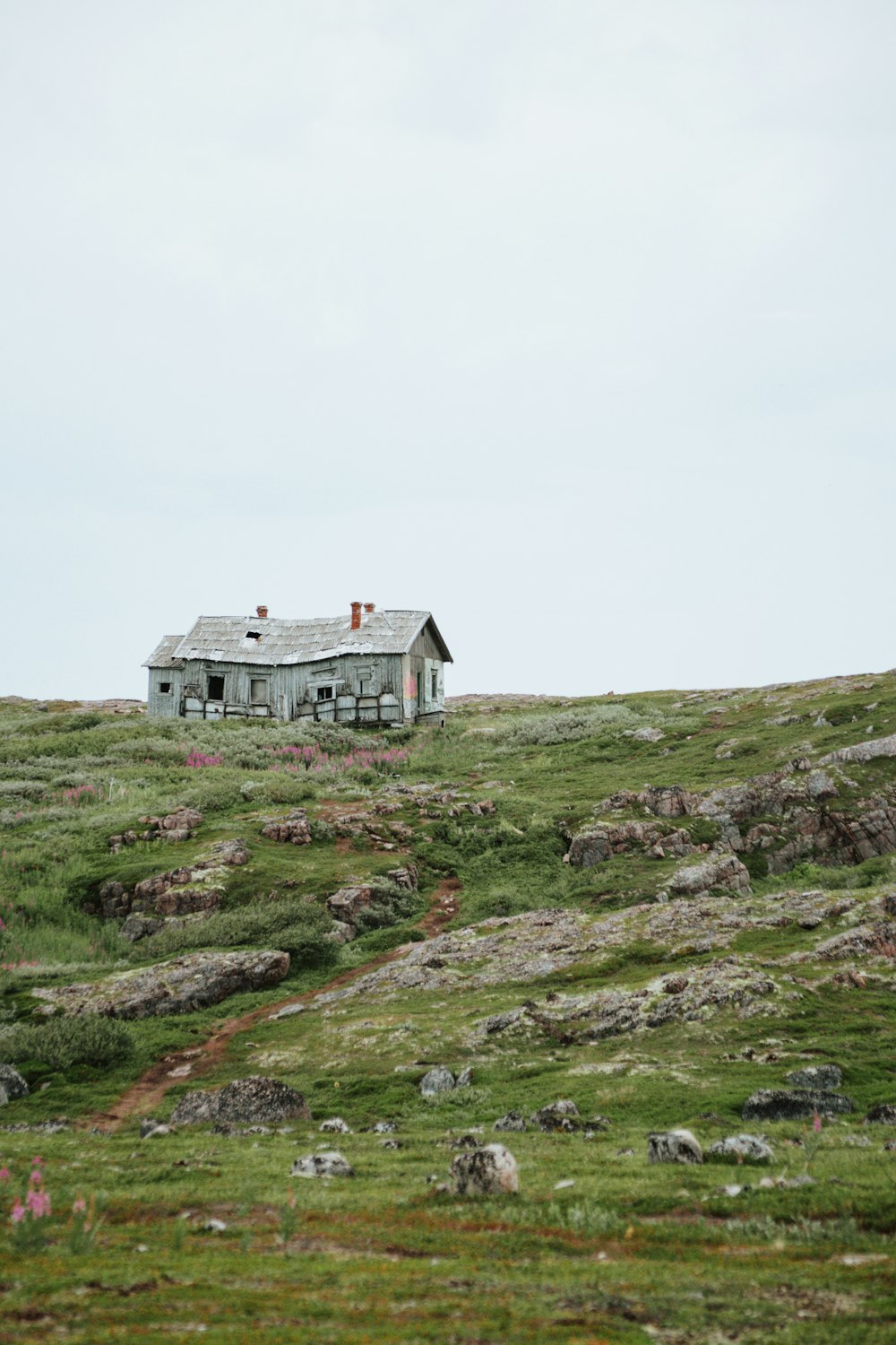 Una casa seduta sulla cima di una collina verde lussureggiante
