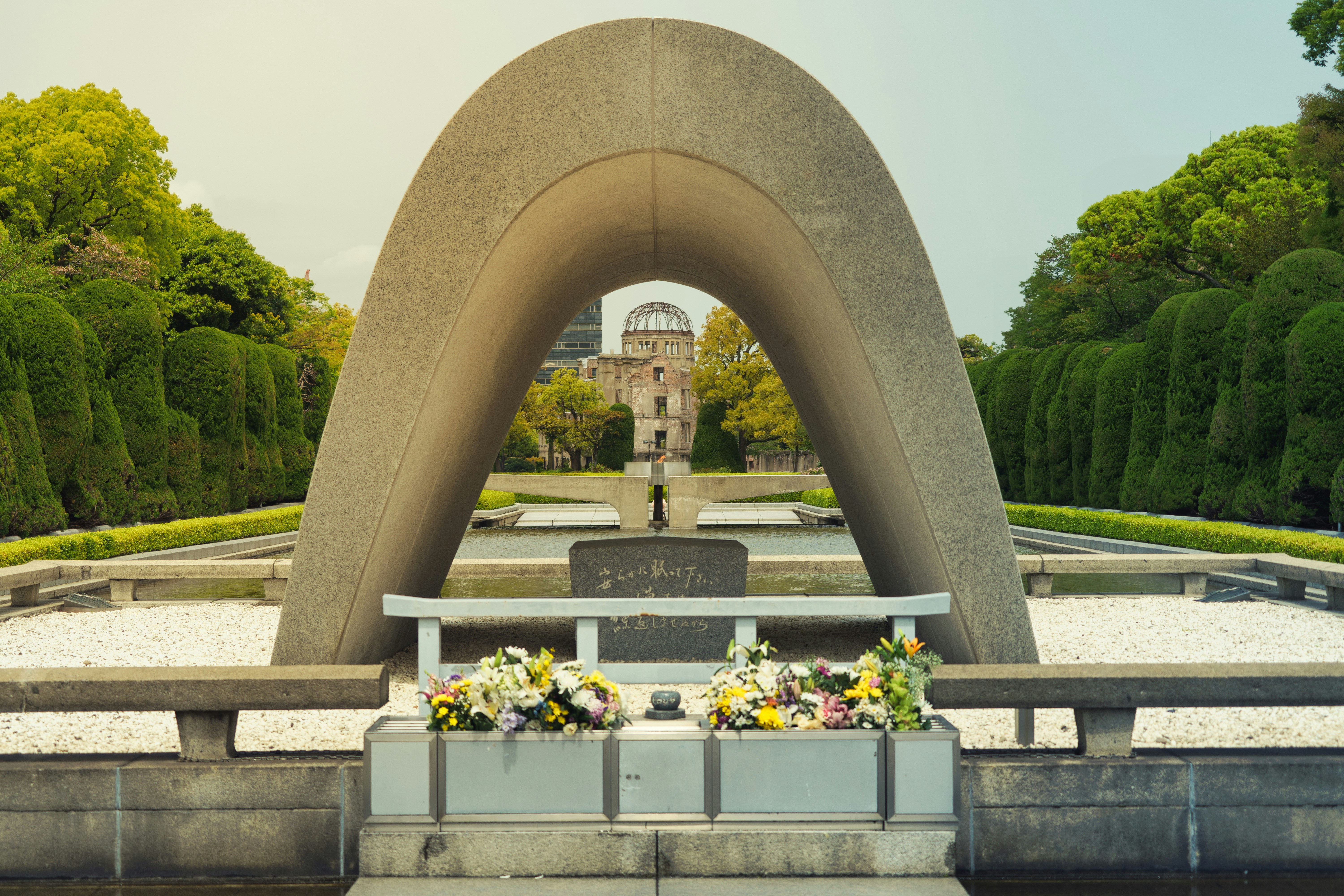 Cenotaph and Peace Memorial Park in Hiroshima honoring atomic bomb victims