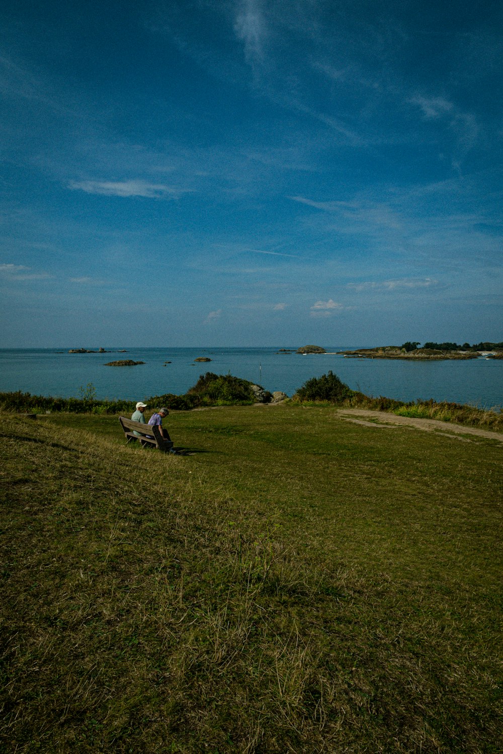 two people sitting on a grassy hill near the ocean