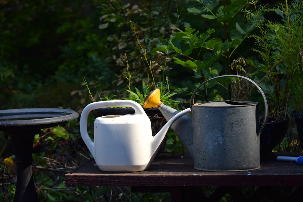 a watering can, a watering can, and a watering can sitting on a table