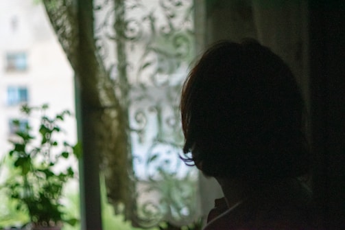 A silhouette of a person is seen in front of a window with lace curtains. The room is dimly lit, and there are blurred green plants visible through the window.