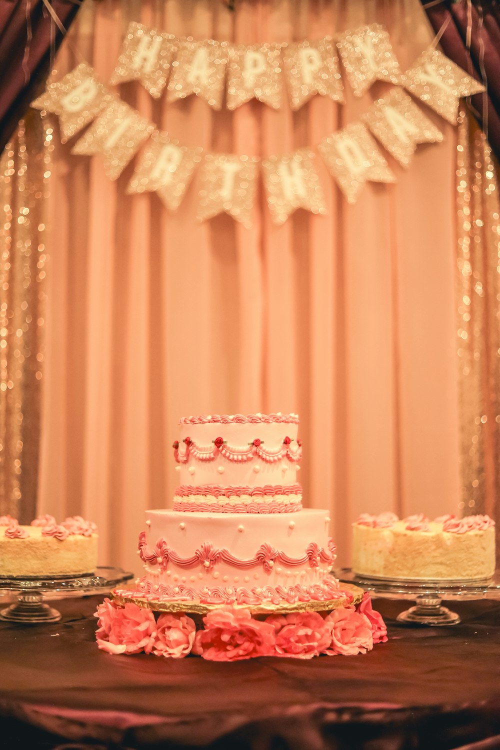 a wedding cake sitting on top of a table