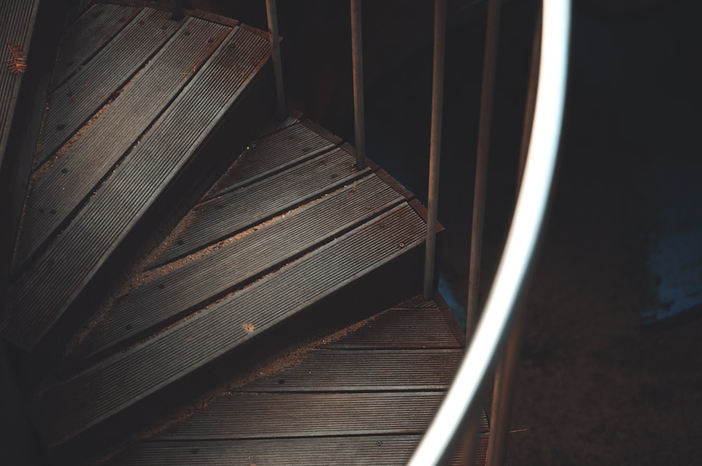 a close up of a wooden stair case