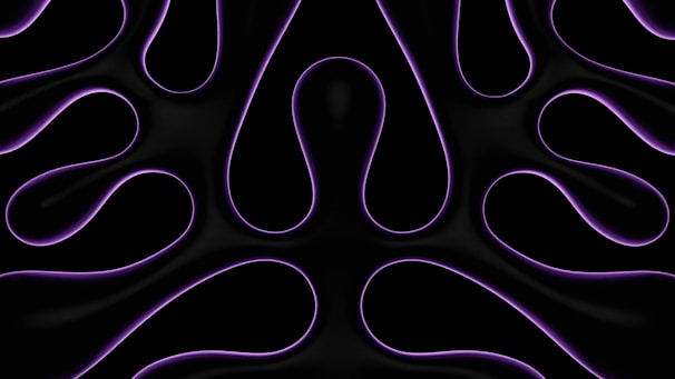 Flowing purple lines against a black background create a symmetrical pattern resembling abstract shapes or waves. The design appears smooth and glossy, giving a sense of movement and fluidity.
