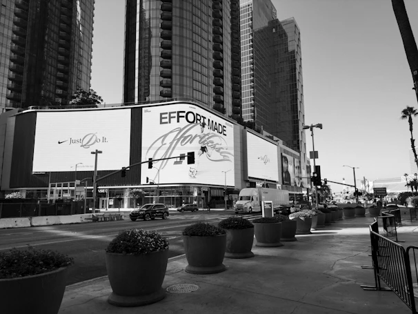 A sleek black-and-white still from a recent TV commercial showcasing dynamic urban scenes.