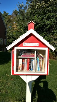 A close-up of the havlyn community book box nestled in a sunny neighborhood garden, surrounded by blooming flowers and inviting books.