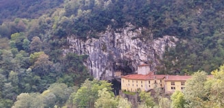 A large monastery or building is nestled into the side of a rocky cliff surrounded by lush green trees. The structure has a red-tiled roof and beige walls, blending with the natural colors of the landscape. The cliff face is rugged and the surrounding forest is dense, creating a sense of seclusion and tranquility.